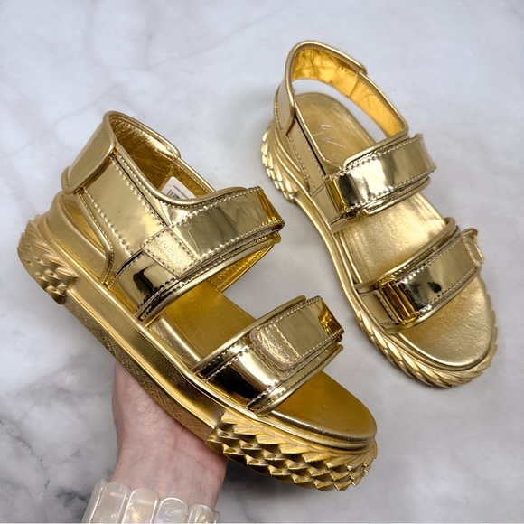Giuseppe Zanotti Shoes - NEW Giuseppe Zanotti Blabber Gummy Chrome Gold Leather Platform Dad Sandals 36